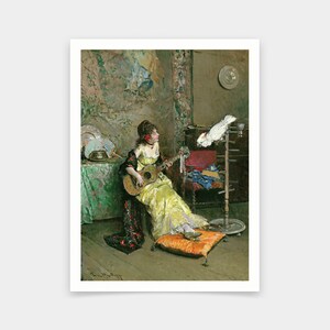 May include: A woman in a yellow dress plays a guitar while a white cockatoo perches on a stand in a room with a patterned wallpaper.