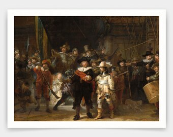 May include: A painting depicting a group of people in a dimly lit room. The figures are dressed in 17th-century clothing and appear to be part of a militia or guard. The painting is known as "The Night Watch" by Rembrandt van Rijn.