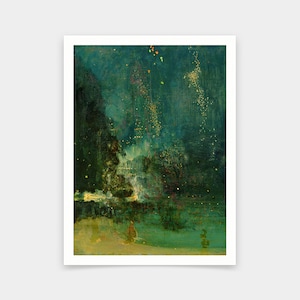 Pode incluir: Uma pintura de uma paisagem verde escura com uma luz branca brilhante no centro. A luz é cercada por um céu verde escuro e preto com estrelas brancas. A pintura tem um efeito texturizado, de pinceladas.