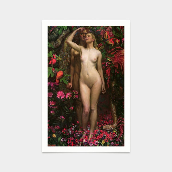 John Byam Liston Shaw,Adam and Eve with the snake,art prints,Vintage art,canvas wall art,famous art prints,2V87