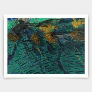 Puede incluir: Pintura abstracta con fondo verde oscuro y líneas negras. Hay tres formas amarillas en el centro de la pintura.