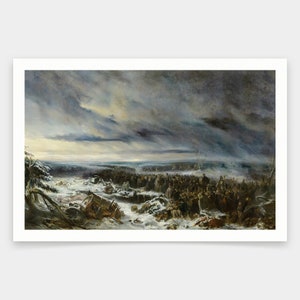 Puede incluir: Una pintura que representa a un gran grupo de personas en un paisaje nevado. Las personas están vestidas con ropa oscura y están de pie en un campo. El cielo está nublado y hay una sensación de melancolía en la escena.