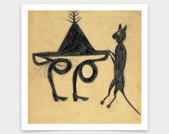 Bill Traylor, figura antropomórfica y gato, impresiones de arte, arte vintage, arte de pared de lienzo, impresiones de arte famosas, V6974