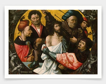 May include: A painting depicting the Crowning with Thorns, a scene from the Passion of Christ. Jesus is surrounded by four men, one of whom is placing a crown of thorns on his head. The painting is set against a dark background with a golden halo around Jesus' head.