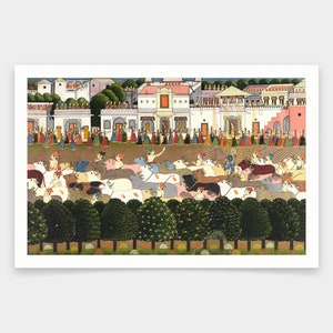 Indische Malerei,Goverdhan Puja,Kühe auf der Straße,Kunstdrucke,Vintage Kunst,Leinwand Wandkunst,berühmte Kunstdrucke,V1560