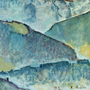 May include: An abstract painting depicting a landscape in shades of blue, green and white. The painting has a textured surface and the artist's signature "F. Hodler" and the date "1912" are visible in the bottom right corner.