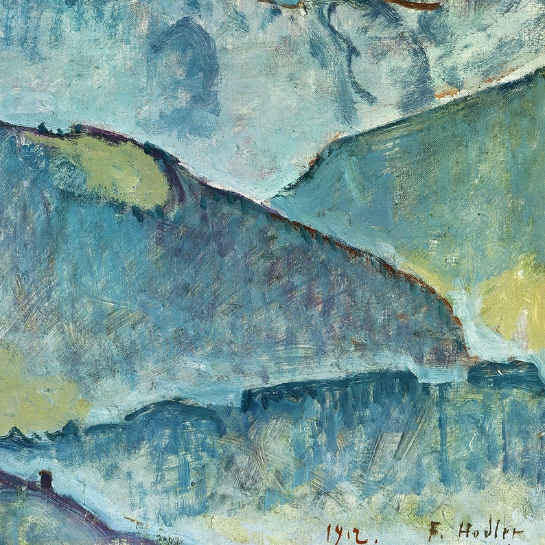 May include: An abstract painting depicting a landscape in shades of blue, green and white. The painting has a textured surface and the artist's signature "F. Hodler" and the date "1912" are visible in the bottom right corner.