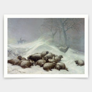 May include: A painting of a flock of sheep huddled together in a snowy field. The sheep are brown and white, and the snow is falling softly. The painting is set in a winter landscape, with trees in the background.