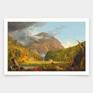 May include: A painting depicting a landscape with a mountain range in the background. The foreground features a river, trees, and a lone figure on horseback. The sky is cloudy and the colors are muted, creating a sense of tranquility.