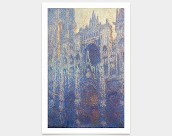 May include: A painting of a cathedral in a blue and purple color scheme. The painting is done in a pointillist style, with small dots of color creating the image. The cathedral is tall and imposing, with a large archway in the center. The painting is signed "Claude Monet 94" in the lower left corner.