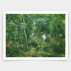May include: A painting of a forest path leading to a small village. The path is lined with tall trees and lush greenery. The village is visible in the distance, with white houses and red roofs. The painting is done in a realistic style, with a focus on the details of the foliage and the light.