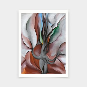 May include: Abstract painting of a tree with a thick, dark trunk and branches. The tree is surrounded by large, organic shapes in shades of gray, brown, and green.
