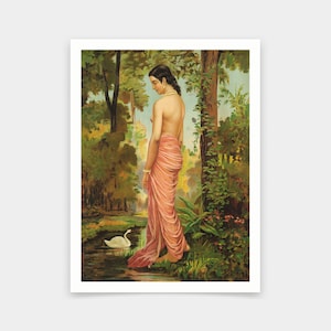 Raja Ravi Varma,nymph by the river bank with swan,art prints,Vintage art,canvas wall art,famous art prints,V6671