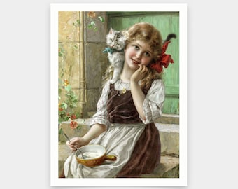 Emile Vernon,Young Girl with Kitten,art prints,Vintage art,canvas wall art,famous art prints,V5632
