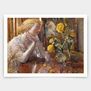 May include: A painting of a woman with blonde hair sitting at a table with a vase of yellow roses. The woman is wearing a white dress and has her chin resting on her hand. The painting is done in a loose, impressionistic style.