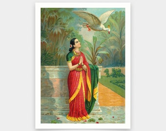 Raja Ravi Varma, Messager cygne, Hamsa Damayanti Samvad, impressions d’art, art vintage, art mural sur toile, impressions d’art célèbres, V6675