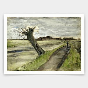 May include: A watercolor painting depicting a rural landscape with a winding path leading to a group of buildings in the distance. A lone figure walks along the path, and a large, bare tree stands near the path. The sky is overcast with gray clouds.