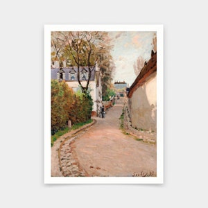 May include: A painting depicting a street scene in a French village. The street is lined with buildings and trees, and there are people walking in the distance. The painting is executed in a realistic style, with attention to detail and light.