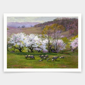 Puede incluir: Una pintura que representa una escena pastoral con un rebaño de ovejas pastando en un campo rodeado de árboles en flor. Los árboles están en plena floración con flores blancas y el campo es de un verde vibrante. El fondo presenta colinas onduladas y un cielo azul distante.