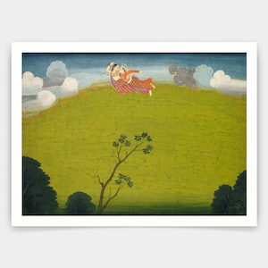 Indian Paintings,Pradyumna and Mayavati Fly to Dvaraka, from the Large Basohli Bhagavata Purana,art prints,Vintage art,canvas wall art,V4174