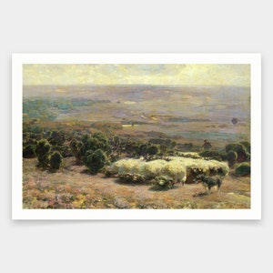 May include: A painting of a flock of sheep gathered in a field with a distant view of a landscape. The sheep are white and the field is green with a few trees in the background. The sky is a light blue with some clouds.