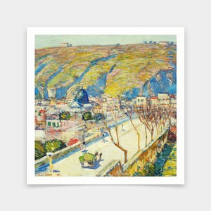 May include: A painting of a cityscape with a hill in the background. The city is painted in a variety of colors, including yellow, blue, and green. The hill is painted in shades of green and brown. The painting is done in a style that is reminiscent of Impressionism.