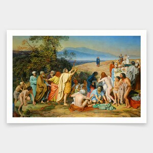 May include: A painting depicting a scene from the Bible, with a group of people gathered around a man in a white robe, who is holding a staff. The man is surrounded by people, some of whom are wearing robes, while others are wearing more casual clothing. The scene is set in a landscape with trees and mountains in the background.
