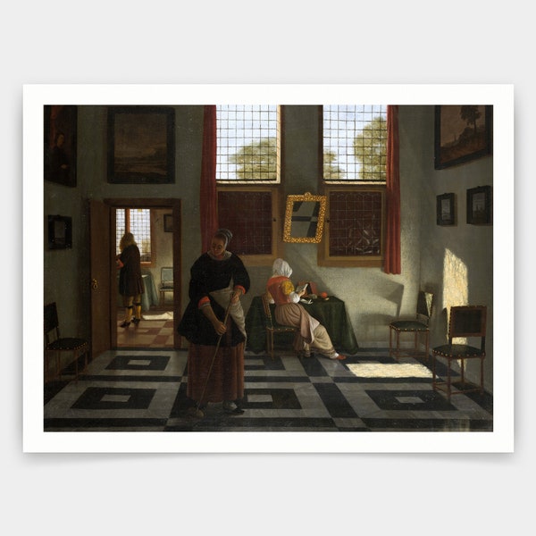 Pieter Janssens Elinga,Innen mit Maler, Frau Lesen und Mädchen Sweeping,Kunstdrucke,Vintage Kunst,Leinwand Wandkunst,berühmte Kunstdrucke,V4894