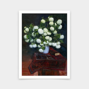 May include: A still life painting of a bouquet of white flowers in a white vase on a red and brown table.
