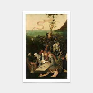 May include: A painting depicting a group of people in a boat, with a large tree in the background. The people are dressed in medieval clothing and are eating and drinking. There is a fish hanging from the tree, and a white ribbon is flying in the wind.