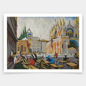 Puede incluir: Una pintura que representa una escena animada en Venecia, Italia. La pintura presenta un gran edificio adornado con arcos coloridos y una cúpula azul y blanca. En primer plano, la gente se reúne alrededor de mesas, disfrutando del ambiente animado. La pintura está realizada en un estilo vibrante e impresionista, con pinceladas audaces.
