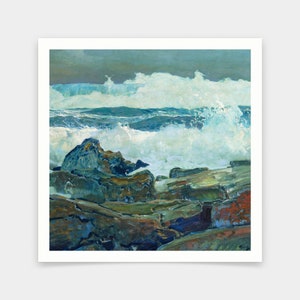 May include: A painting of a stormy seascape with crashing waves and rocky cliffs. The water is a deep blue and green, and the sky is a stormy gray. The waves are white and foamy, and the rocks are dark and rugged.