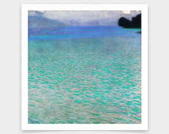 May include: A painting of a lake with a blue sky and green water. The water is rippling and reflecting the light. The sky is cloudy and there are trees in the distance.