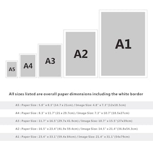 May include: A diagram showing the different sizes of paper, labeled A1, A2, A3, A4, and A5. The sizes are listed with both inches and centimeters, and include the overall paper dimensions including the white border.