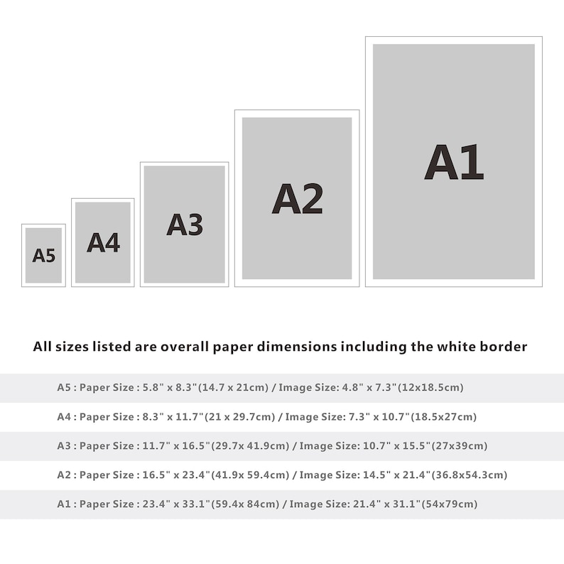 May include: A diagram showing the different sizes of paper, labeled A1, A2, A3, A4, and A5. The sizes are listed with both inches and centimeters, and include the overall paper dimensions including the white border.