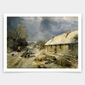 May include: A painting of a snow-covered cottage with a group of people and sheep walking down a snowy road. The sky is cloudy and there is a sense of winter in the air.