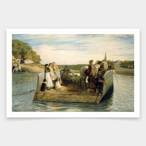May include: A painting depicting a group of people and animals on a ferry crossing a river. The ferry is made of wood and has a rope attached to it. The people are dressed in simple clothing and are standing or sitting on the ferry. There are sheep and a horse on the ferry as well. The river is calm and the sky is cloudy.