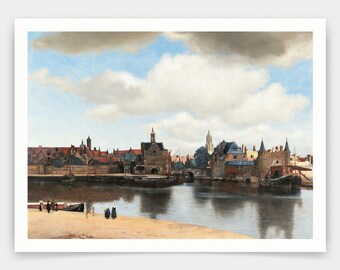 May include: A painting depicting a Dutch cityscape with a river in the foreground. The scene features a bridge, buildings, and boats. The sky is cloudy with a hint of blue. There are figures on the riverbank in the foreground.