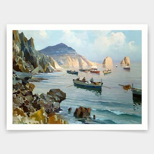 Puede incluir: Una pintura de un paisaje marítimo con barcos y una costa rocosa. Los barcos están en el agua y la costa está en el fondo. El cielo es azul y hay nubes en el cielo.