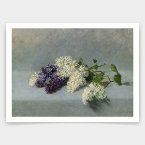 May include: A still life painting of a bouquet of white and purple lilacs on a light blue background. The painting is signed "Degas" in the lower right corner.