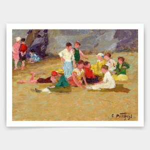 Puede incluir: Una pintura de un grupo de niños en una playa. Los niños visten ropa colorida y están sentados y de pie en la arena. La pintura está realizada en un estilo suelto e impresionista.