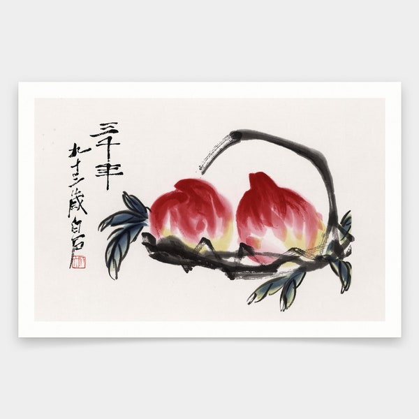 Qi Baishi, Pêches dans la corbeille de fruits, peinture chinoise, impressions d’art, art vintage, art mural sur toile, impressions d’art célèbres, V1980