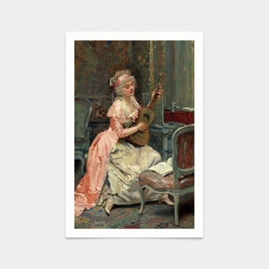 May include: A woman in a pink and white dress plays a guitar in a room with a chair and a table. The room is decorated with a floral patterned wallpaper.