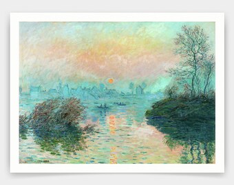 クロード・モネの風景画、ラヴァクールのセーヌ川に沈む夕日の絵画