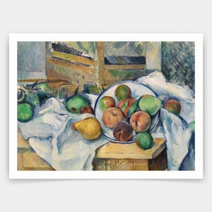 May include: A still life painting of fruit on a table. The painting features a white tablecloth, a blue and white plate with peaches, plums, and pears, and a yellow pear on the table. The background is a blurry image of a wooden chair.