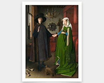 May include: A painting depicting a couple in a room. The man is wearing a black hat and a dark robe. The woman is wearing a white head covering and a green dress. A small dog is at their feet.