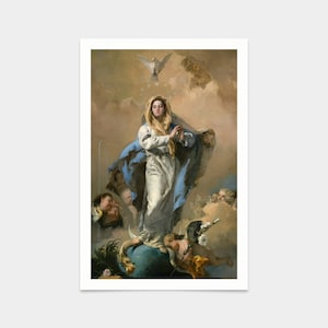 Puede incluir: Una pintura de la Asunción de la Virgen María, que representa a María ascendiendo al cielo rodeada de ángeles y una paloma. Lleva una túnica azul y un vestido blanco, de pie sobre una luna creciente sobre un globo terráqueo.