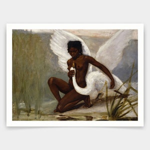 May include: A painting of a nude woman with dark skin kneeling with a white swan. The woman is holding the swan's neck with her left hand. The swan's wings are spread out behind her. The background is a green and brown landscape.