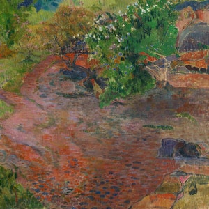 May include: A painting of a landscape with a winding path through a field of green foliage. The path is a reddish-brown color and is surrounded by green trees and bushes. There are some white flowers in the bushes. The painting is done in a style that is reminiscent of Impressionism.