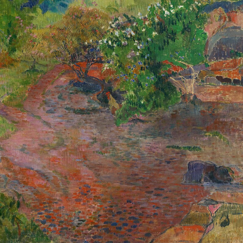 May include: A painting of a landscape with a winding path through a field of green foliage. The path is a reddish-brown color and is surrounded by green trees and bushes. There are some white flowers in the bushes. The painting is done in a style that is reminiscent of Impressionism.